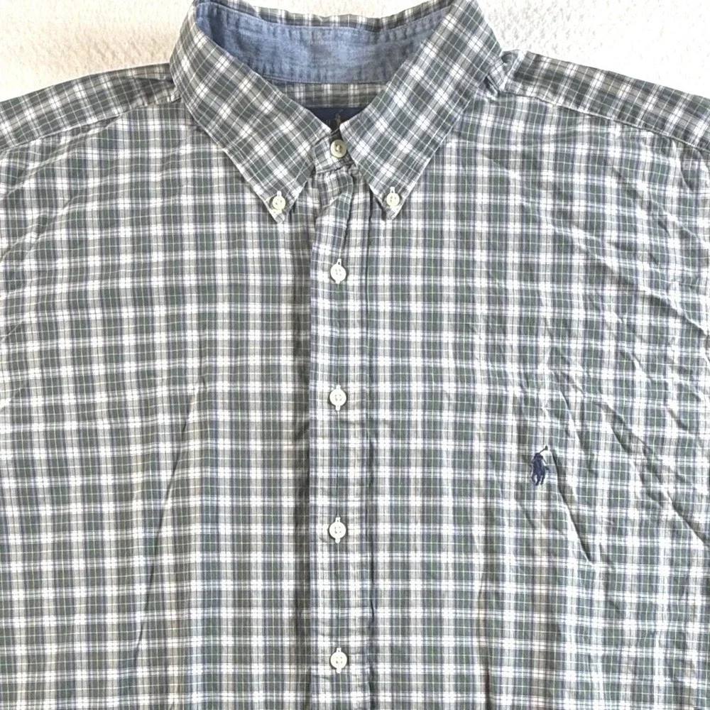 Ralph Lauren Plaid Shirt Mens 2XLT Short Sleeve Pony Button Down Green Cotton